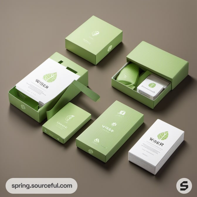 Green packaging boxes with leaf designs on a brown background.