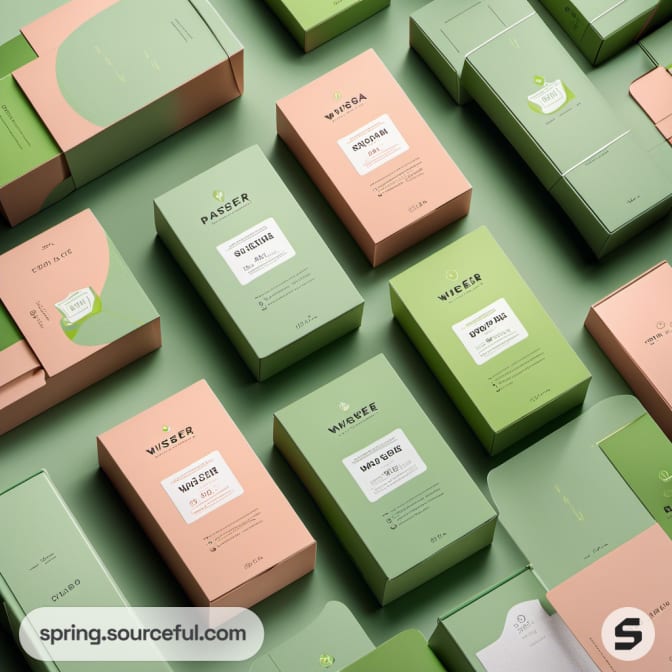 Arranged pink and green boxes with leaf motifs on a green surface.