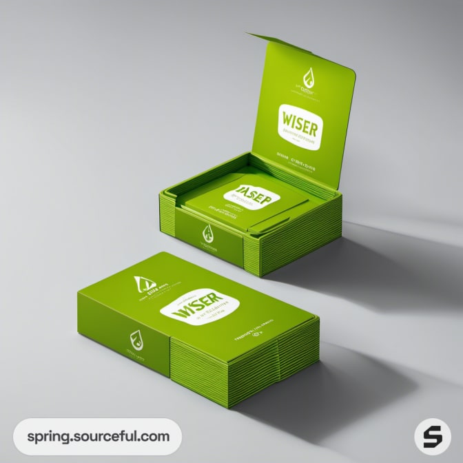 Green mailer boxes with leaf design opened, displaying product inside.