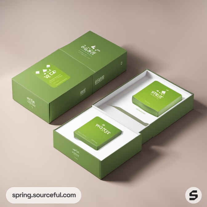 Green sliding box packaging with leaf motif and small product inside.