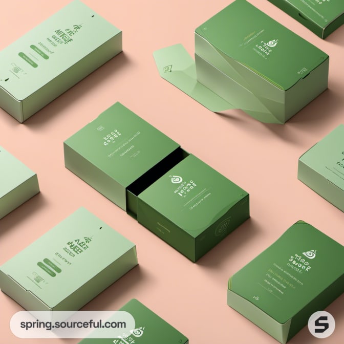 Green rectangular boxes with leaf designs on a pink background.
