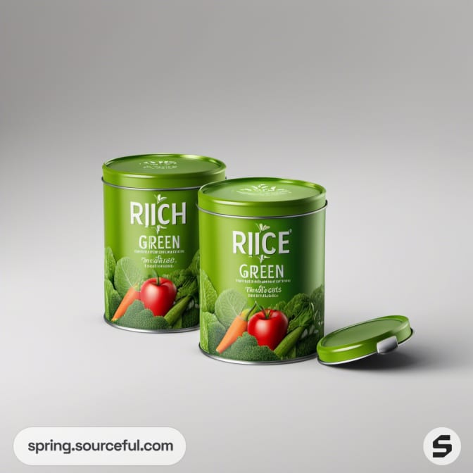 Green cylindrical tins with vegetables on light background