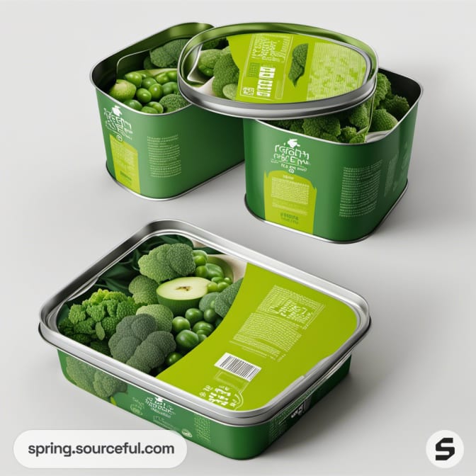 Rectangular green tins with vegetables on white surface