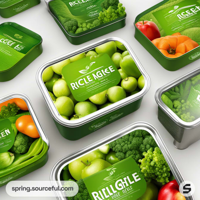 Assorted green tins with various vegetable images