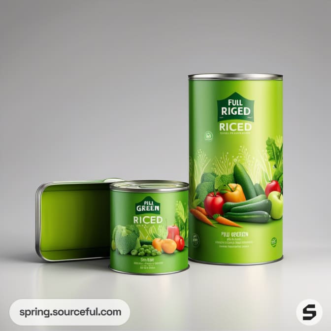 Green cylindrical tins with vegetables on gray background