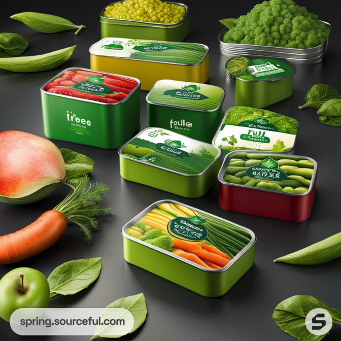 Assorted colorful tins with fruits and vegetables