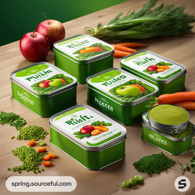 Green tins with mixed vegetables, apples, and carrots