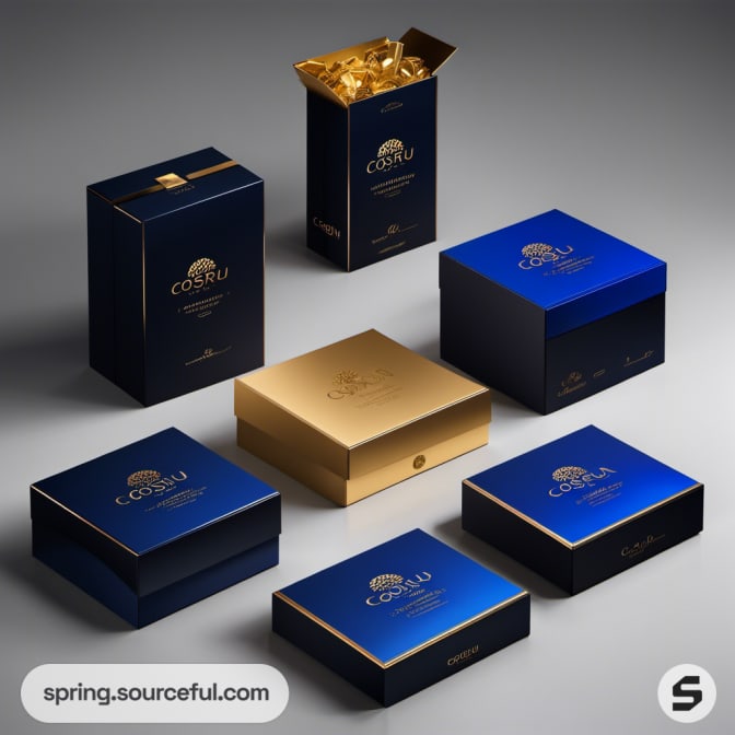 Gold and blue luxury boxes with elegant designs, some open with gold interiors.