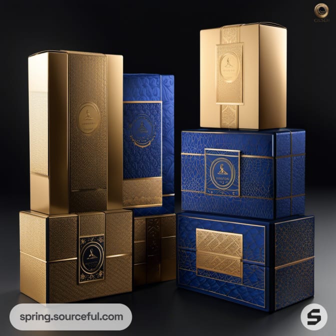 Tall and stacked gold and blue boxes with detailed patterns, set against a dark background.