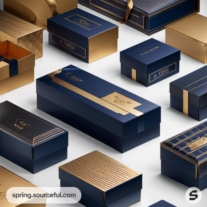 Collection of blue and gold boxes with varying designs, emphasizing luxury with intricate patterns.