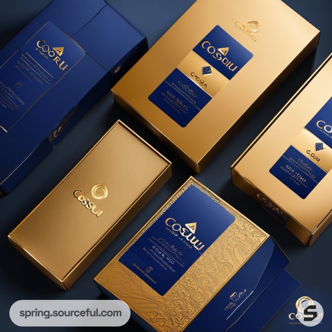 Close-up of blue and gold packaging with fine detailing and textured patterns, displayed flat.