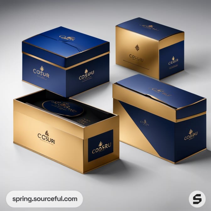 Blue and gold rectangular boxes with a sophisticated design set against a neutral background.