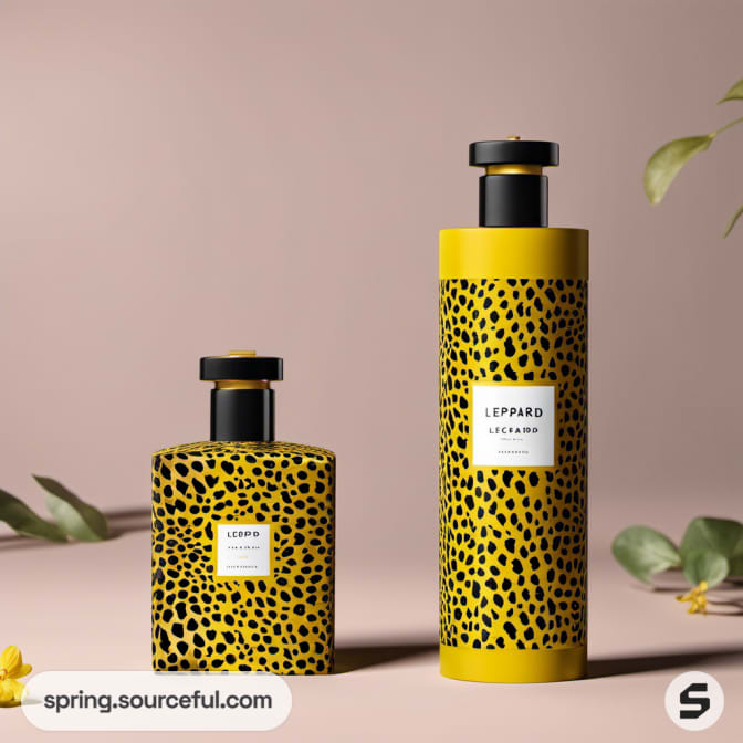 Two yellow leopard print bottles with black caps on a neutral background, surrounded by green leaves.