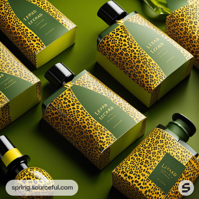 Leopard print packaging with green labels on bottles and boxes against a green background.