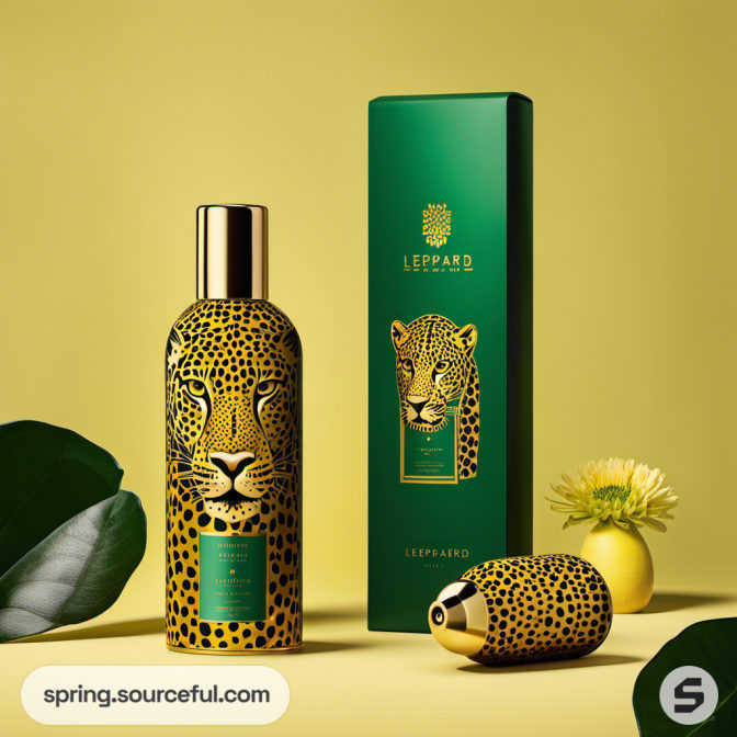 Leopard print cosmetic bottle and box with green accents on a yellow background.