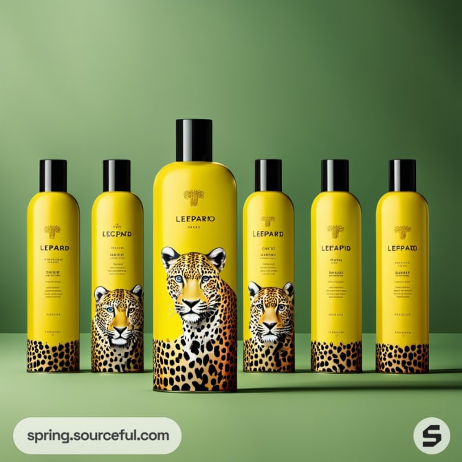 Yellow bottles with leopard imagery on a green background.