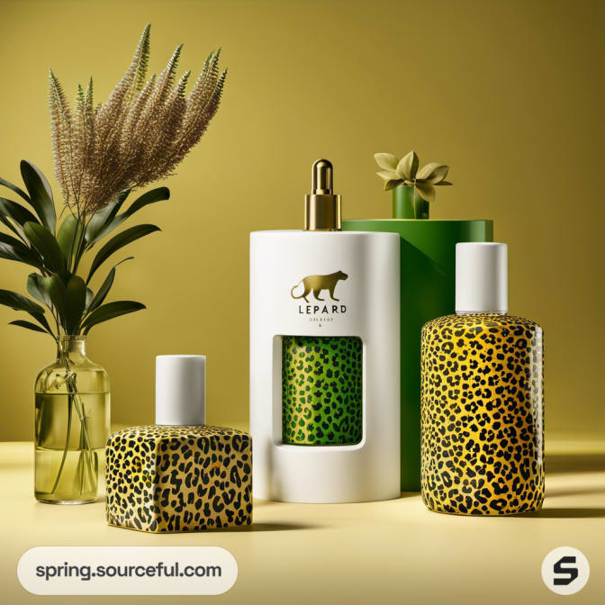 Leopard print perfume bottles on a yellow background with plants.