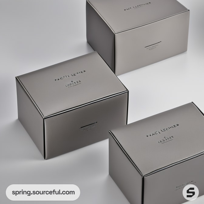 Silver boxes with minimalist text on white background.