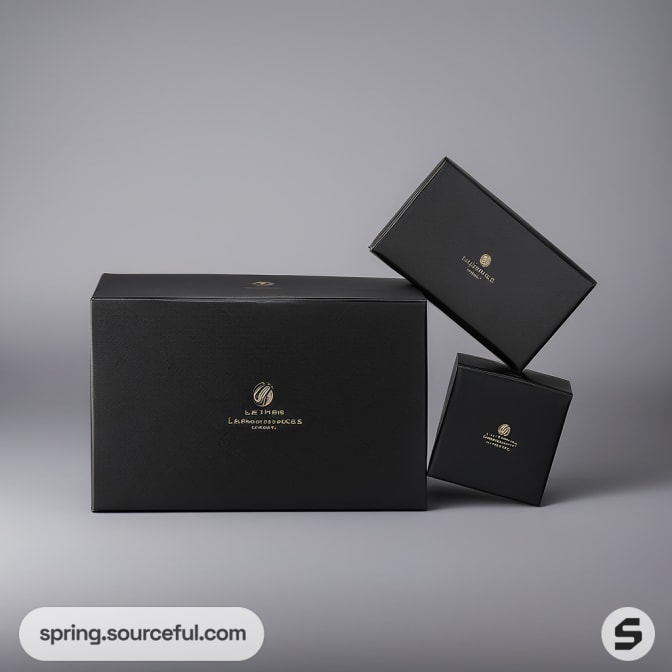 Three black boxes with gold text on grey background.