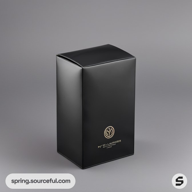 Tall black box with gold logo on grey background.
