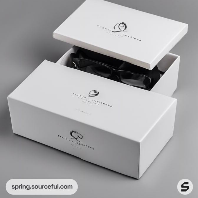 Open white box with glasses inside on grey background.