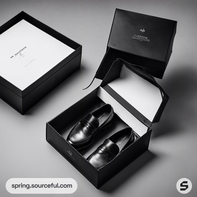 Black shoe box opened displaying a pair of shoes.