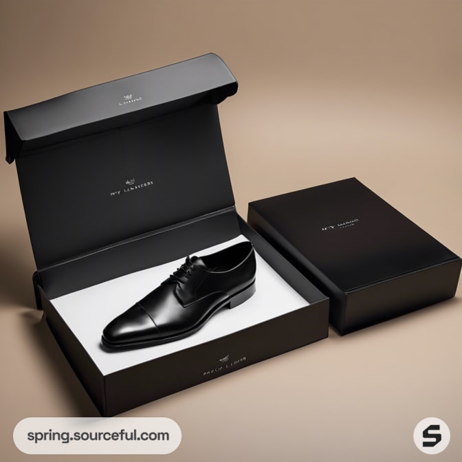 Black shoe box opened showing a single shoe.