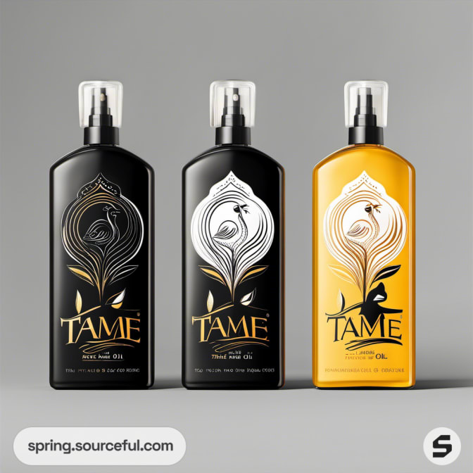 Three black and gold hair oil bottles with decorative designs.