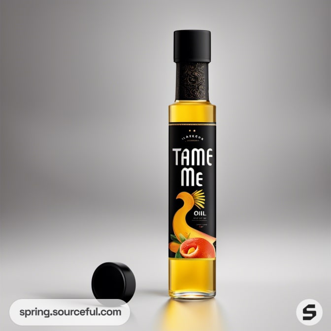 Tall bottle of hair oil labeled 'Tame Me' with a vibrant bird graphic.