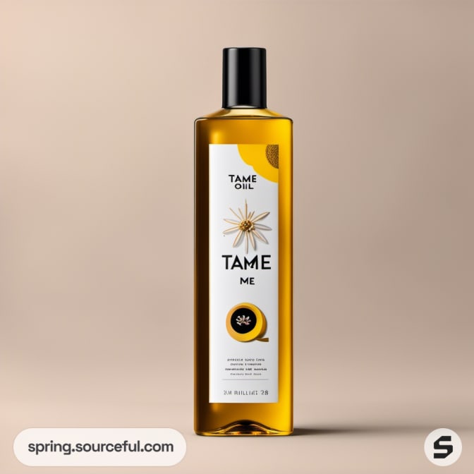 Large rectangular bottle of hair oil with floral design and black cap.