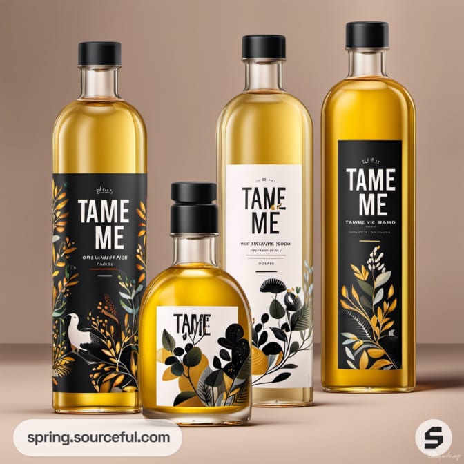 Four bottles of hair oil with black labels featuring floral and bird designs.