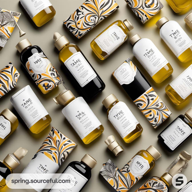 Assorted hair oil bottles with decorative black, white, and yellow packaging.