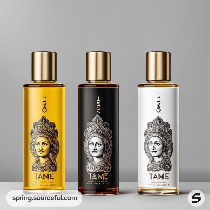 Three bottles of hair oil with gold caps and artistic face illustrations.
