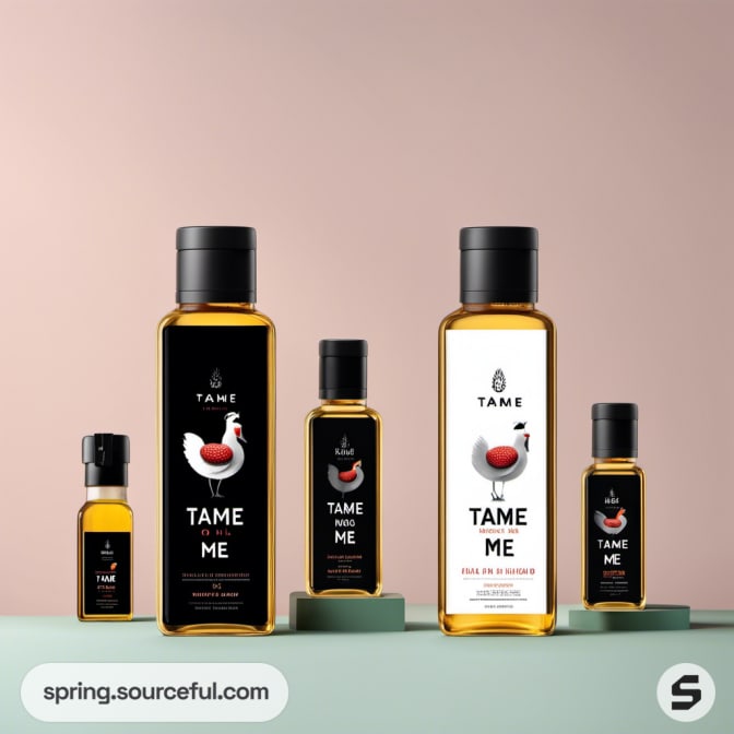 Five hair oil bottles with rooster designs in various sizes.