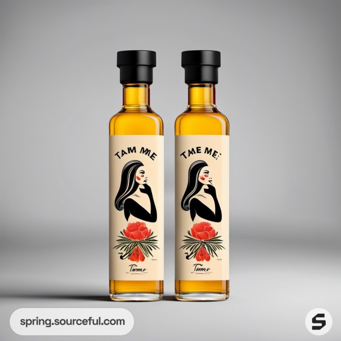 Two hair oil bottles with floral labels and black caps.