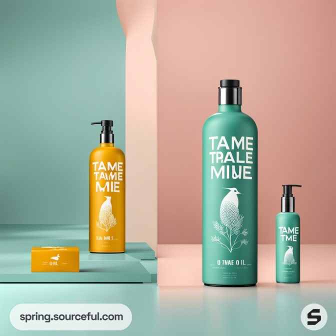 Hair care set with shampoo and soap in green and orange bottles.