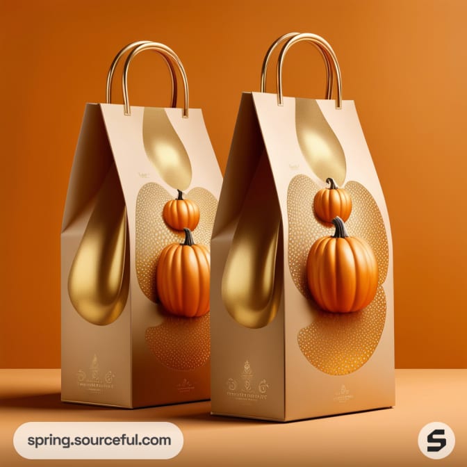 Elegant paper bags with carved pumpkin designs on an orange background, featuring gold handles.