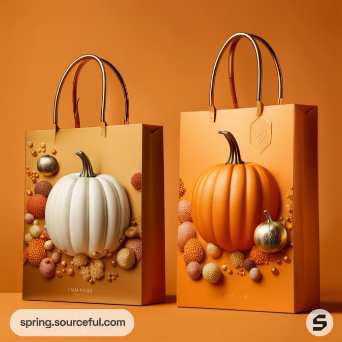 Two pumpkin-themed gift bags with gold handles on an orange background.