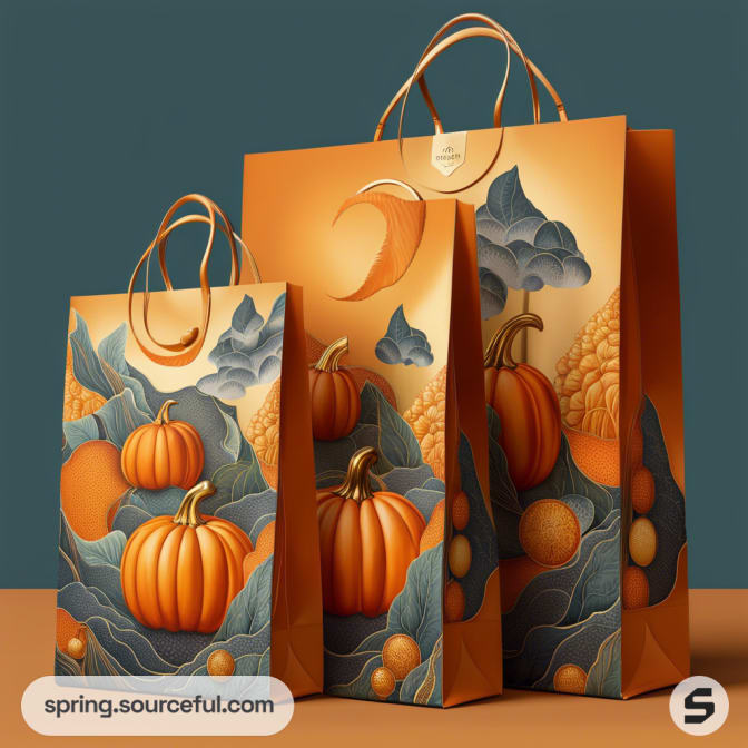 Decorative autumn-themed gift bags with pumpkins and foliage, featuring sturdy handles and vibrant orange hues.