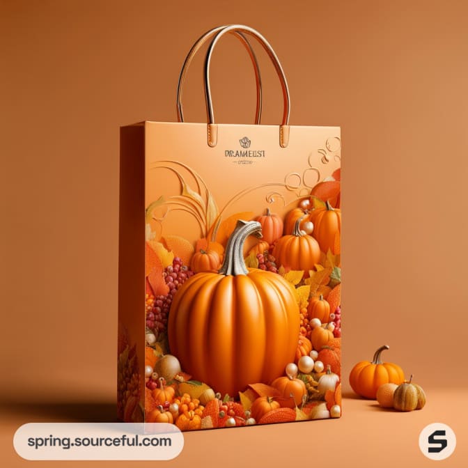 Orange gift bag featuring pumpkins, autumn leaves, and a sturdy handle on a warm background.