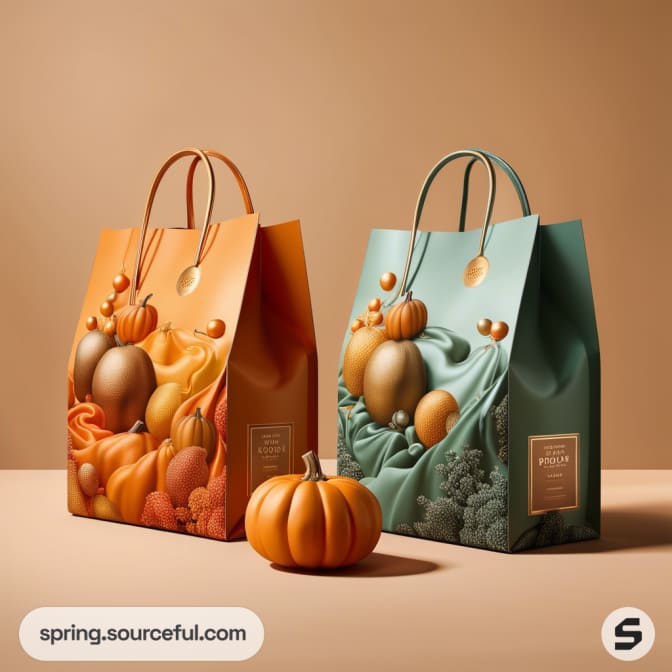 Two decorative bags with pumpkins and autumn foliage in orange and teal, with handles, on a brown background.