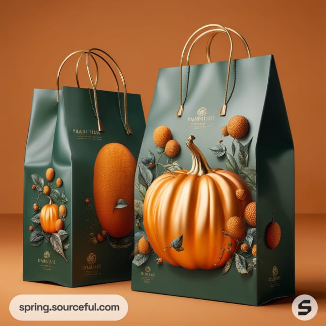 Green paper bags with large pumpkin illustrations and gold handles on an orange background.