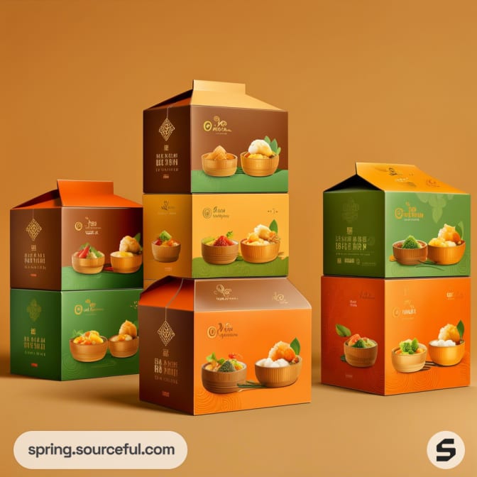 Stacked colorful dessert boxes with various fruit designs on multi-colored backgrounds.