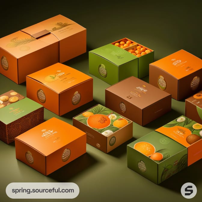 Assortment of multi-colored boxes with fruit and dessert illustrations on dark background.