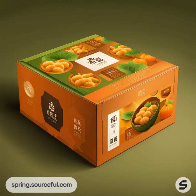 Orange and green box with dessert design, featuring illustrations of fruit and leaves.