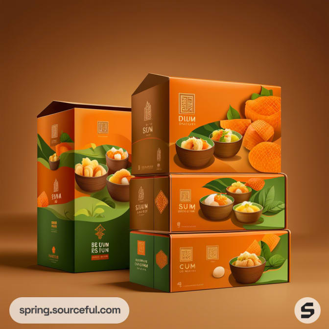 Stacked orange and green boxes with dessert images and fruit illustrations.