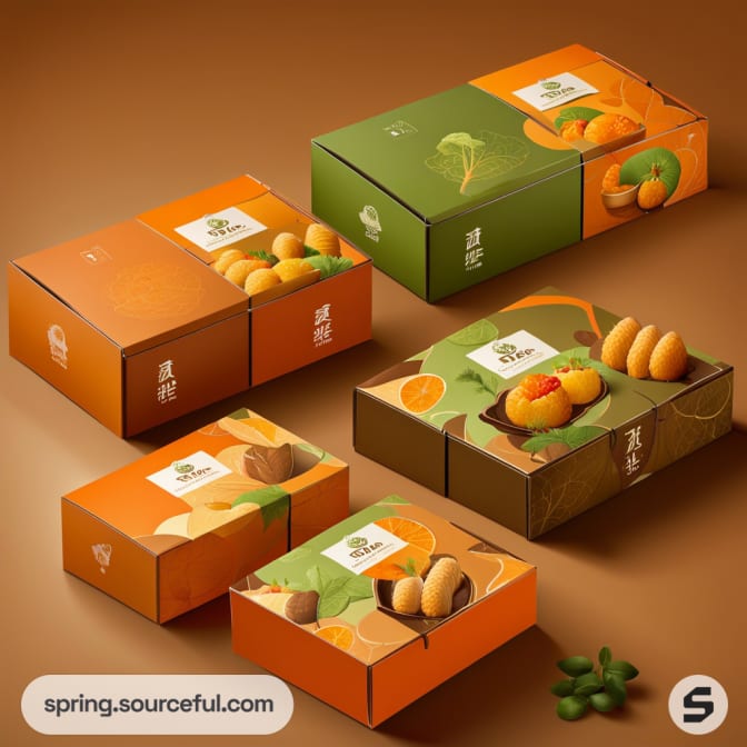 Five boxes with fruit and dessert motifs on brown surface.