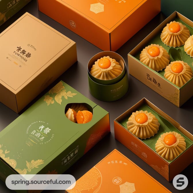 Assortment of dessert boxes with detailed fruit illustrations and designs.