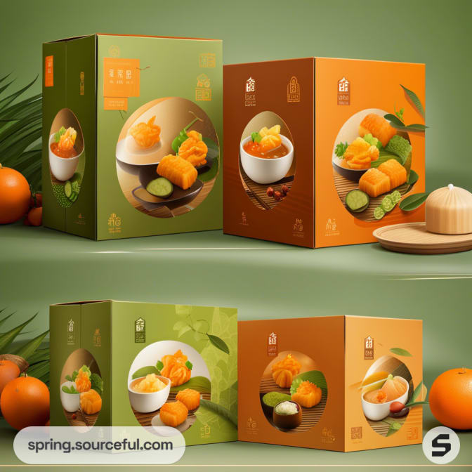 Four colorful boxes with fruit dessert designs and vibrant backgrounds.