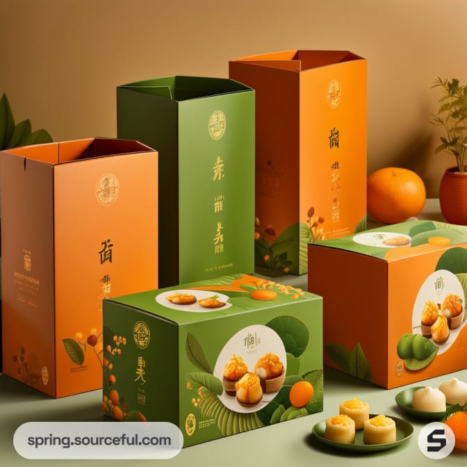 Colorful dessert boxes with fruit illustrations and arranged foods.